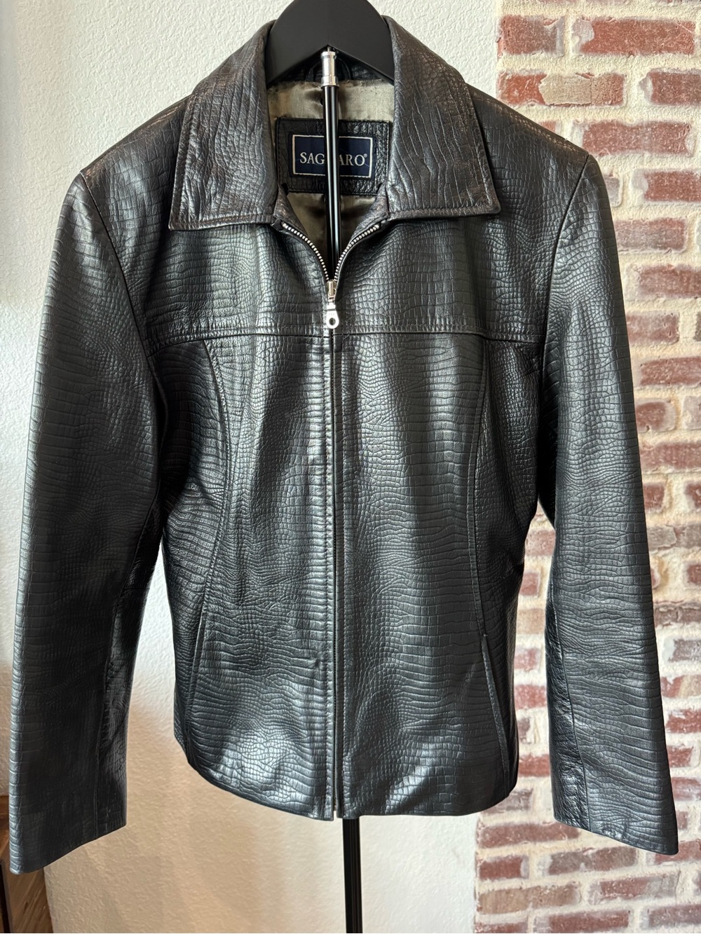 Vintage Y2K Saguaro Black Genuine Leather Croc Embossed Zip Jacket Womens Large